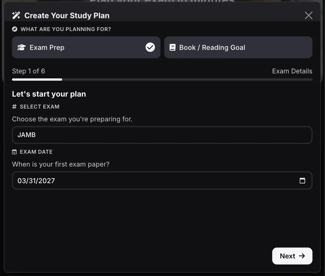 Create waec study timetable with osioplan step 2, select exam and exam date.